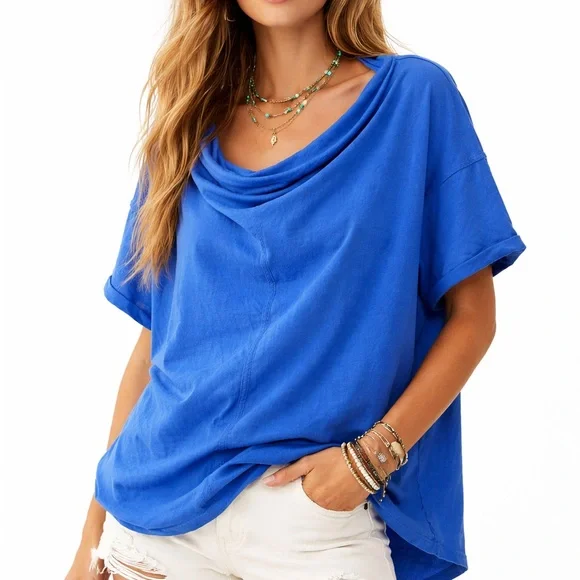 We The Free Cobalt Blue Oversized Cowl Neck Raw Edge Cotton Boho Top - Picture 2 of 6